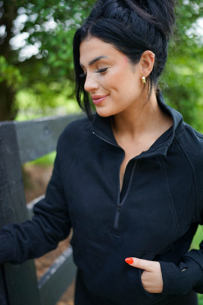 Vivienne Zip Up Stand Collar Ribbed Thumbhole Sleeve Sweatshirt - Threaded Pear