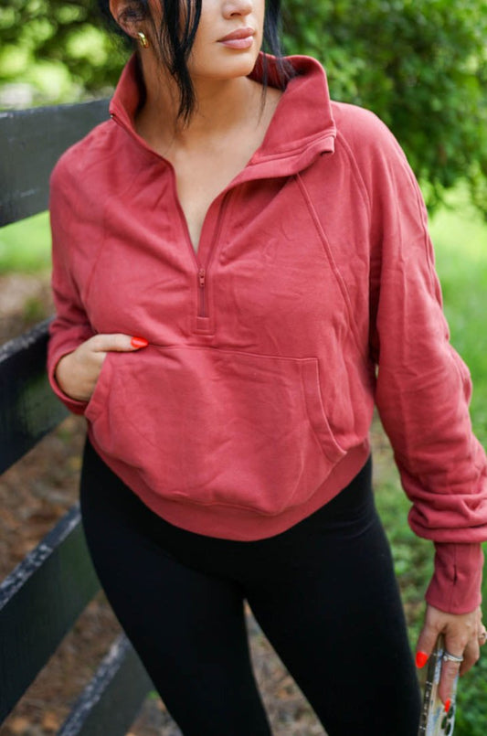 Vivienne Zip Up Stand Collar Ribbed Thumbhole Sleeve Sweatshirt - Threaded Pear