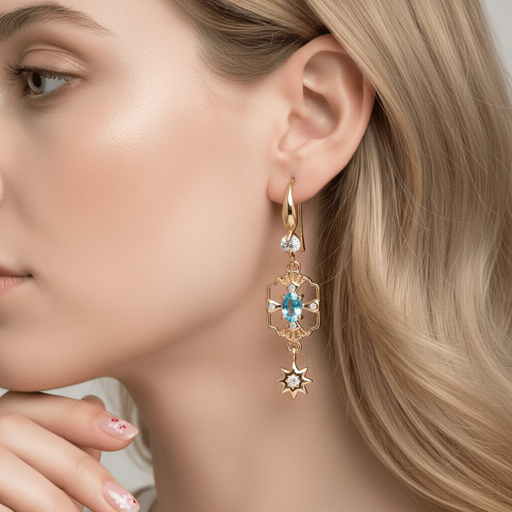 Sea Blue Crystal & Cubic Zirconia Goldtone Scalloped Edge Starburst Hook Earrings