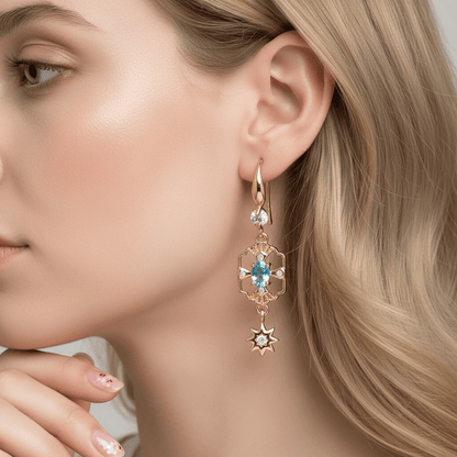Sea Blue Crystal & Cubic Zirconia Goldtone Scalloped Edge Starburst Hook Earrings