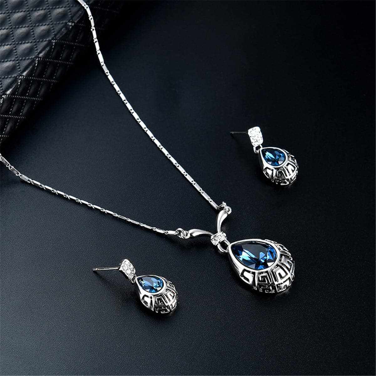 Blue & Silvertone Greek Key Pendant Necklace & Drop Earrings
