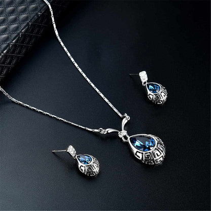 Blue & Silvertone Greek Key Pendant Necklace & Drop Earrings