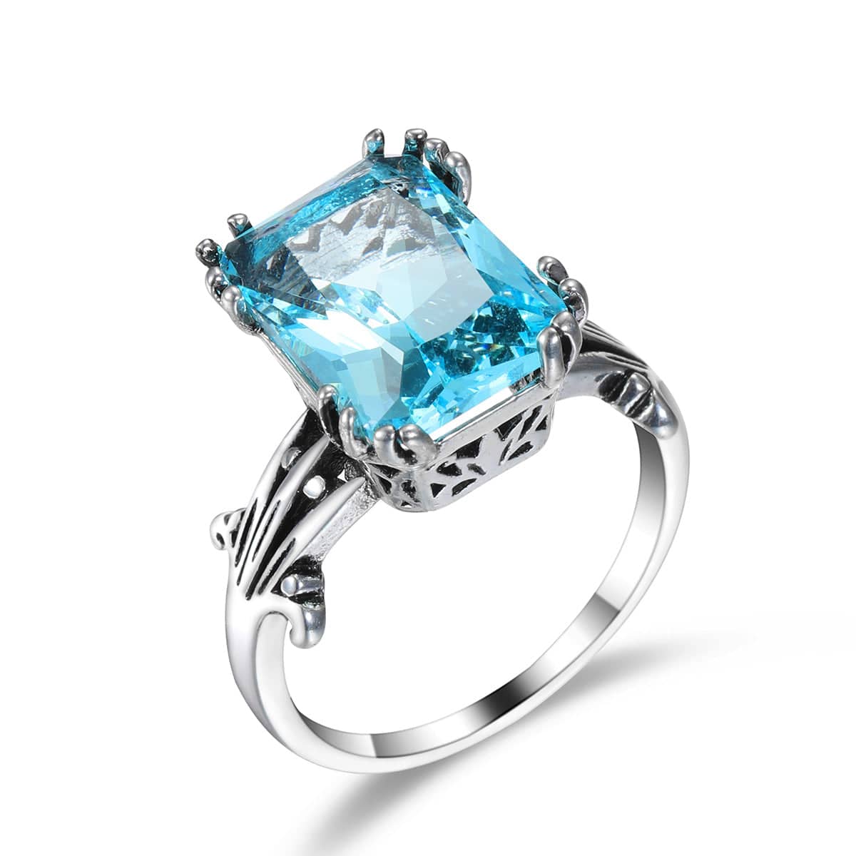 Sea Blue Crystal & Silvertone Oxidized Radiant-Cut Ring-4