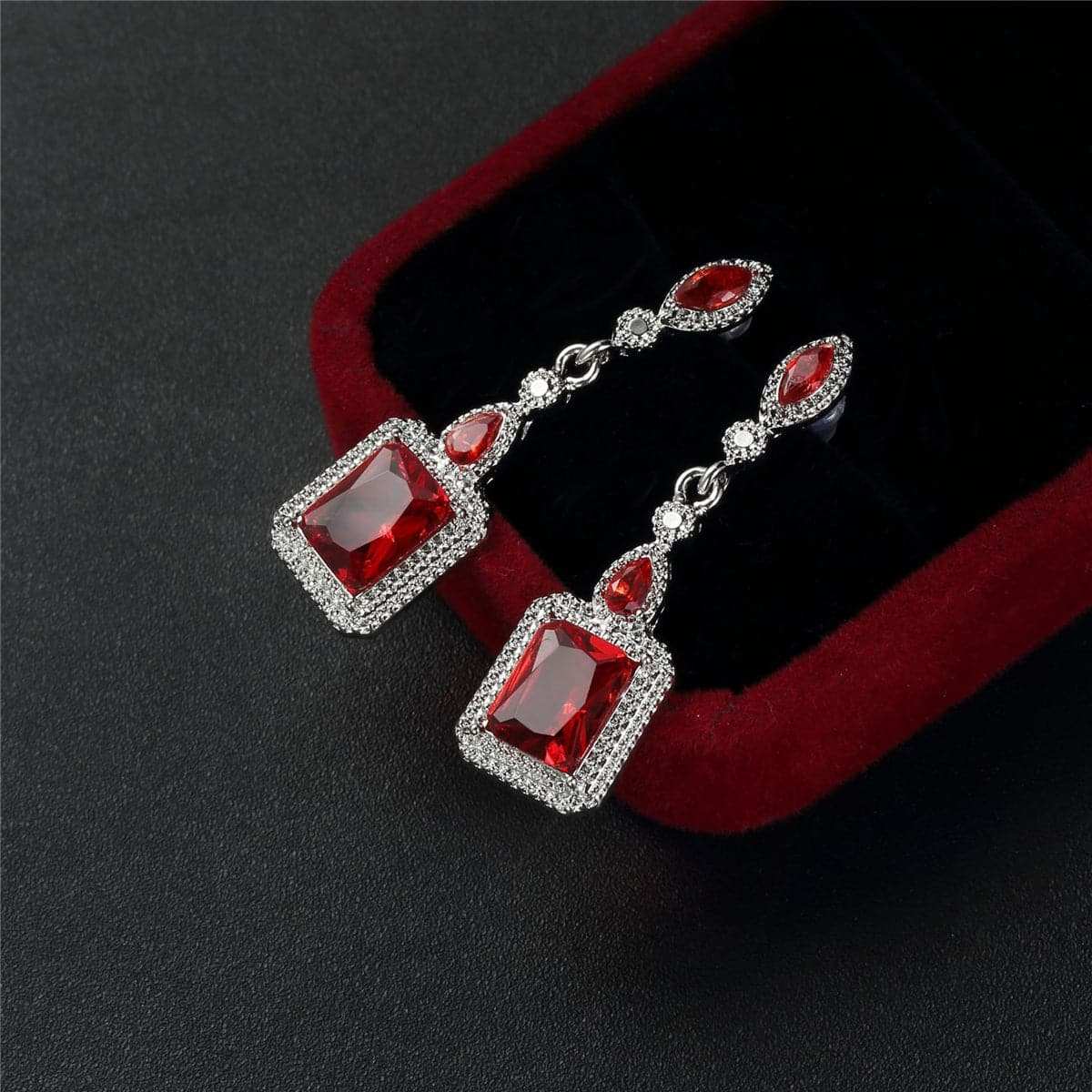 Red Crystal & Silvertone Square Drop Earrings