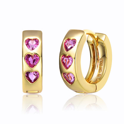 Kids/Teens 14k Yellow Gold Plated with Heart Pink Cubic Zirconia Triple Stone Round Hoop Earrings