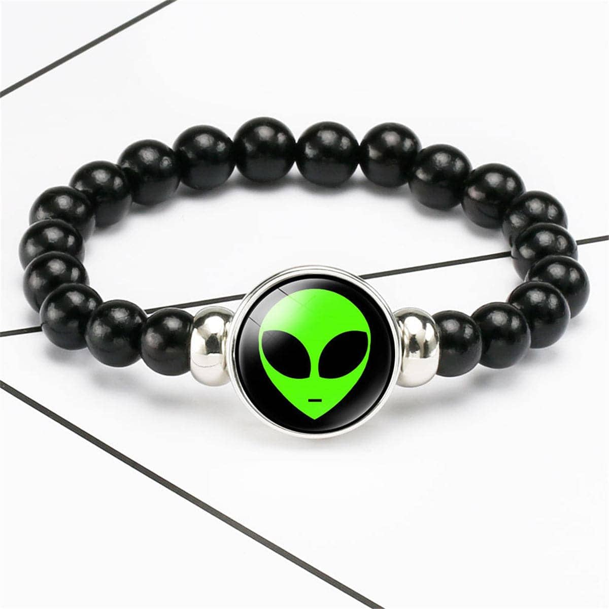 Black Resin & Silvertone Green Alien Beaded Stretch Bracelet