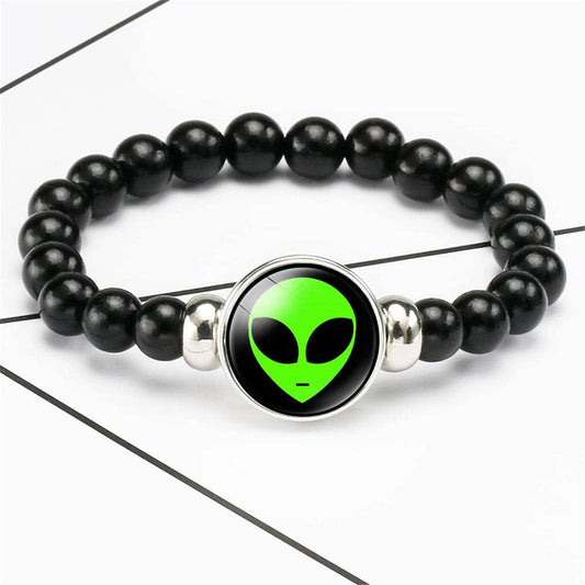 Black Resin & Silvertone Green Alien Beaded Stretch Bracelet