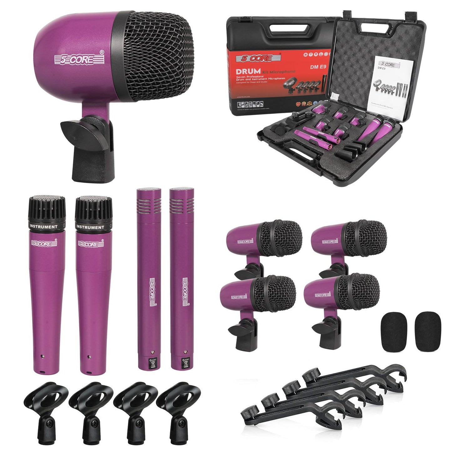 5 Core Drum Microphone Kit 9Pc All Metal Drummer Mics Tom/Snare & Cymbals Wired Instrument Drums Set - Purple