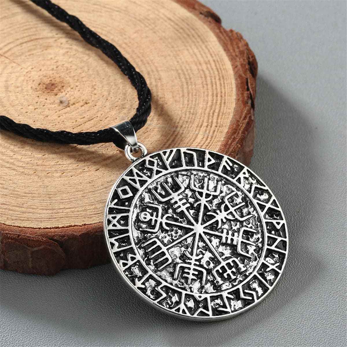 Silvertone & Black Compass Pendant Necklace