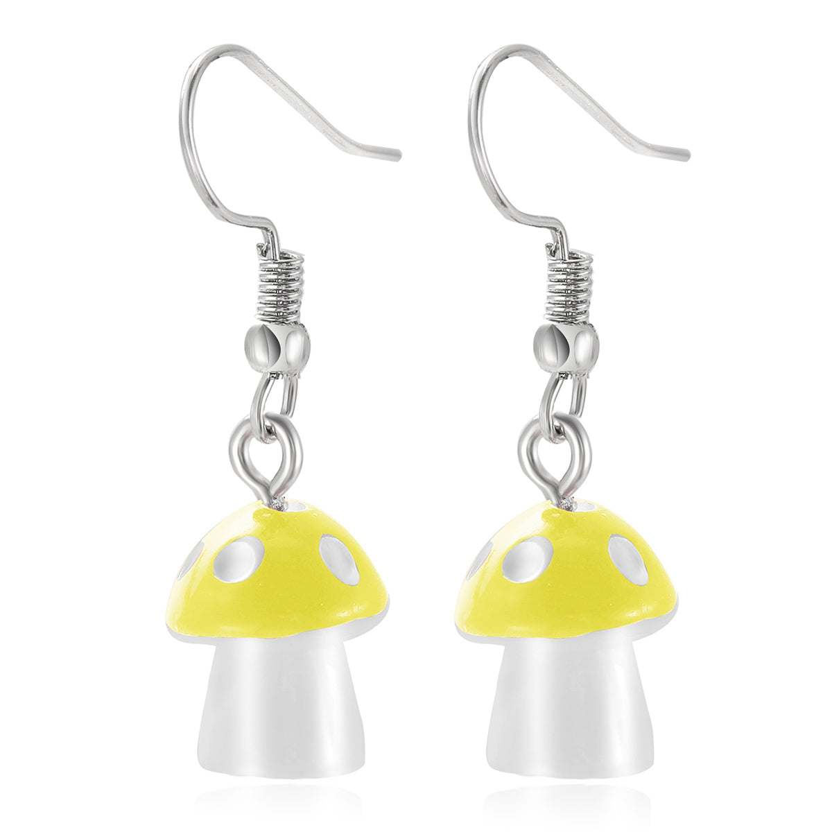 Yellow Resin & Silvertone Dot Mushroom Drop Earrings