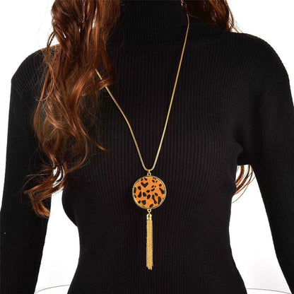 Tan Polyurethane & Goldtone Leopard Round Tassel Pendant Necklace