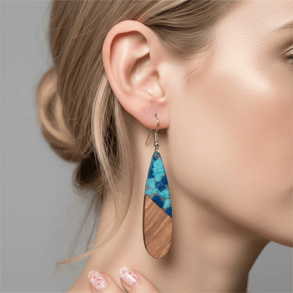 Navy Resin & Wood Silvertone Leopard Print Drop Hook Earrings