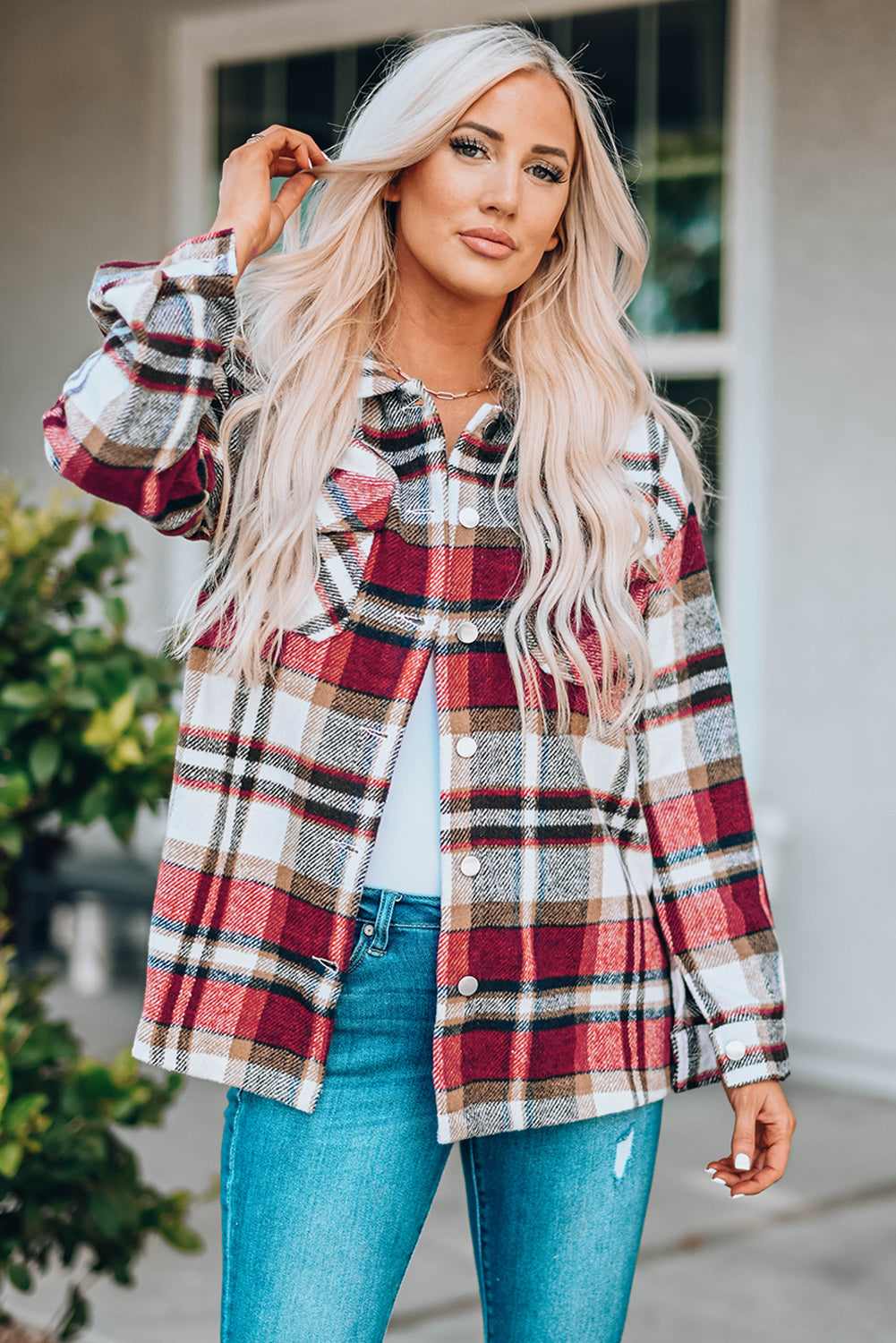 Threaded Pear Keily Plaid Pocketed Shacket