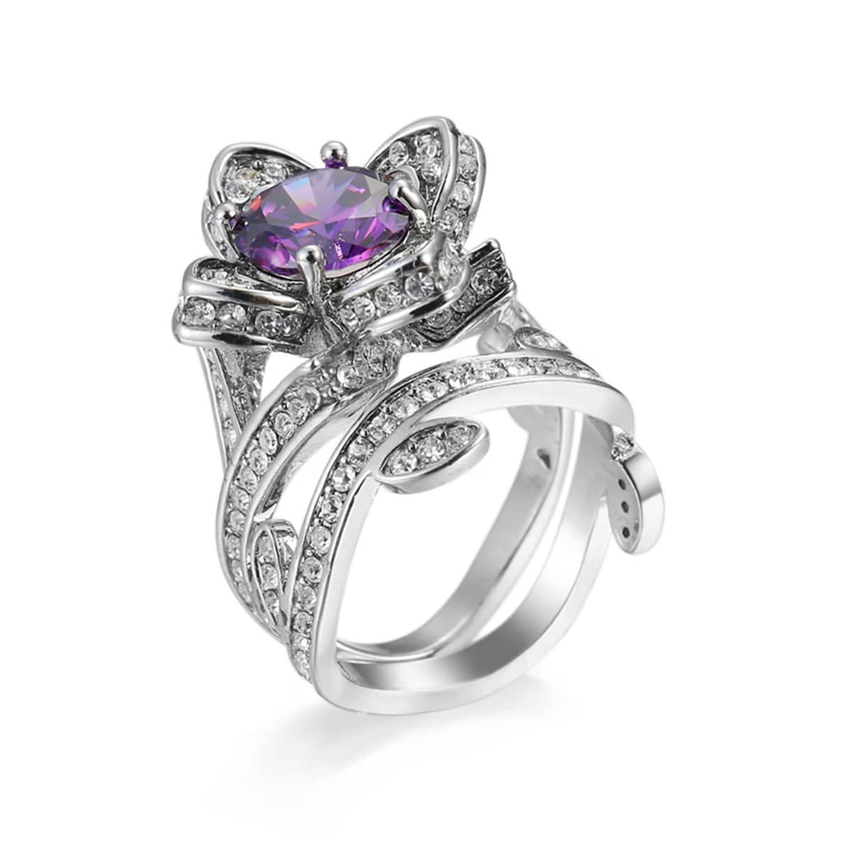 Purple Crystal & Cubic Zirconia Flower Ring Set-5