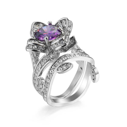 Purple Crystal & Cubic Zirconia Flower Ring Set-5