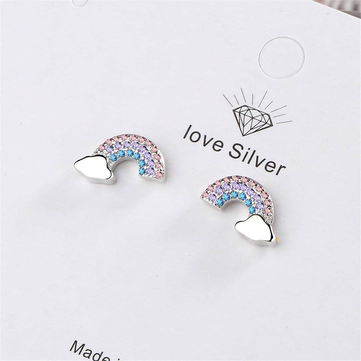 Cubic Zirconia & Silvertone Rainbow Stud Earrings