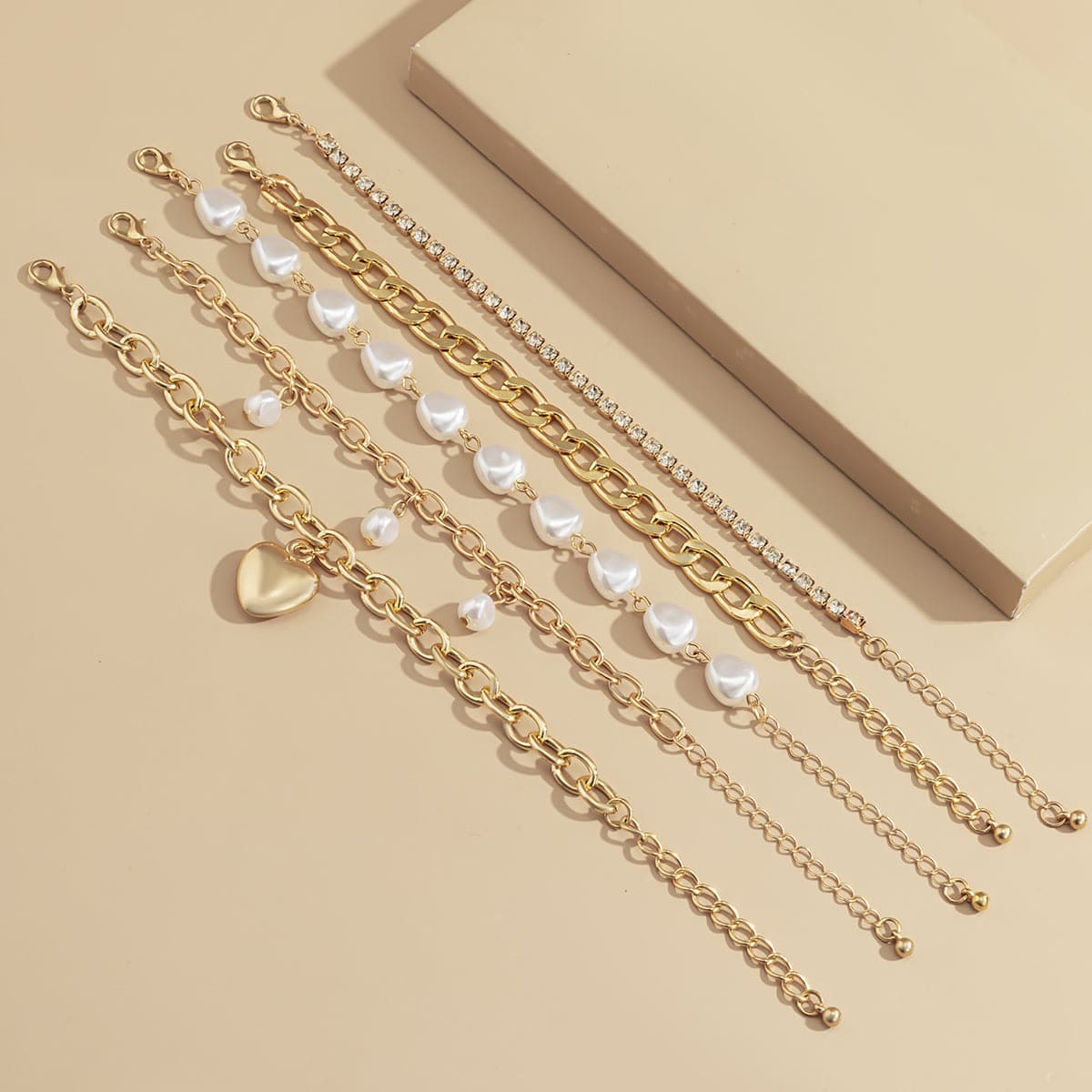 Pearl & Cubic Zirconia Goldtone Heart Bracelet Set