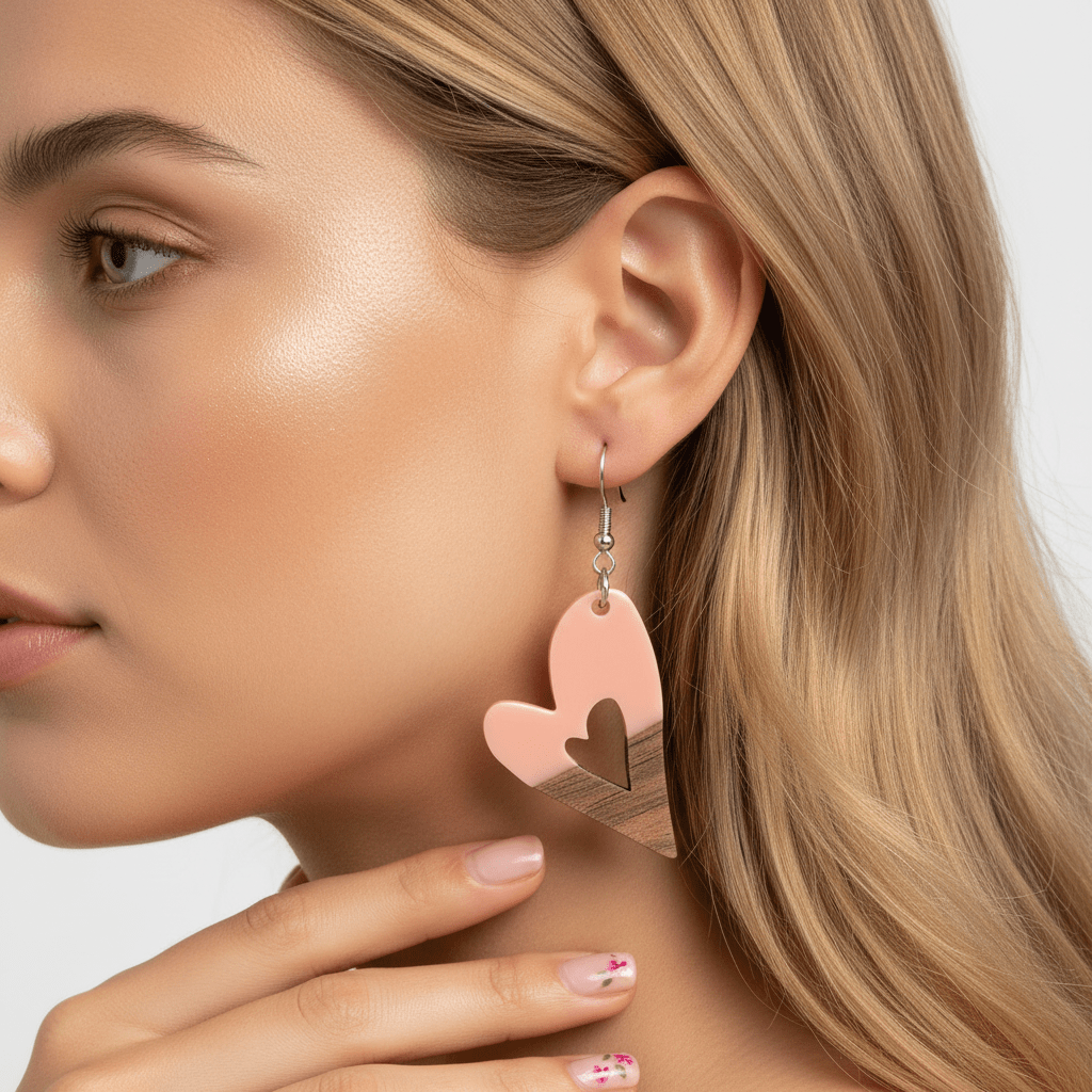 Pink Resin & Wood Silvertone Heart Hook Earrings
