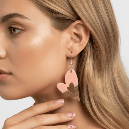 Pink Resin & Wood Silvertone Heart Hook Earrings