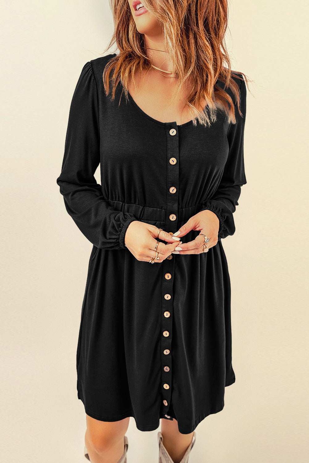 Julianna Button up High Waist Long Sleeve Dress - Black / S - 4/6