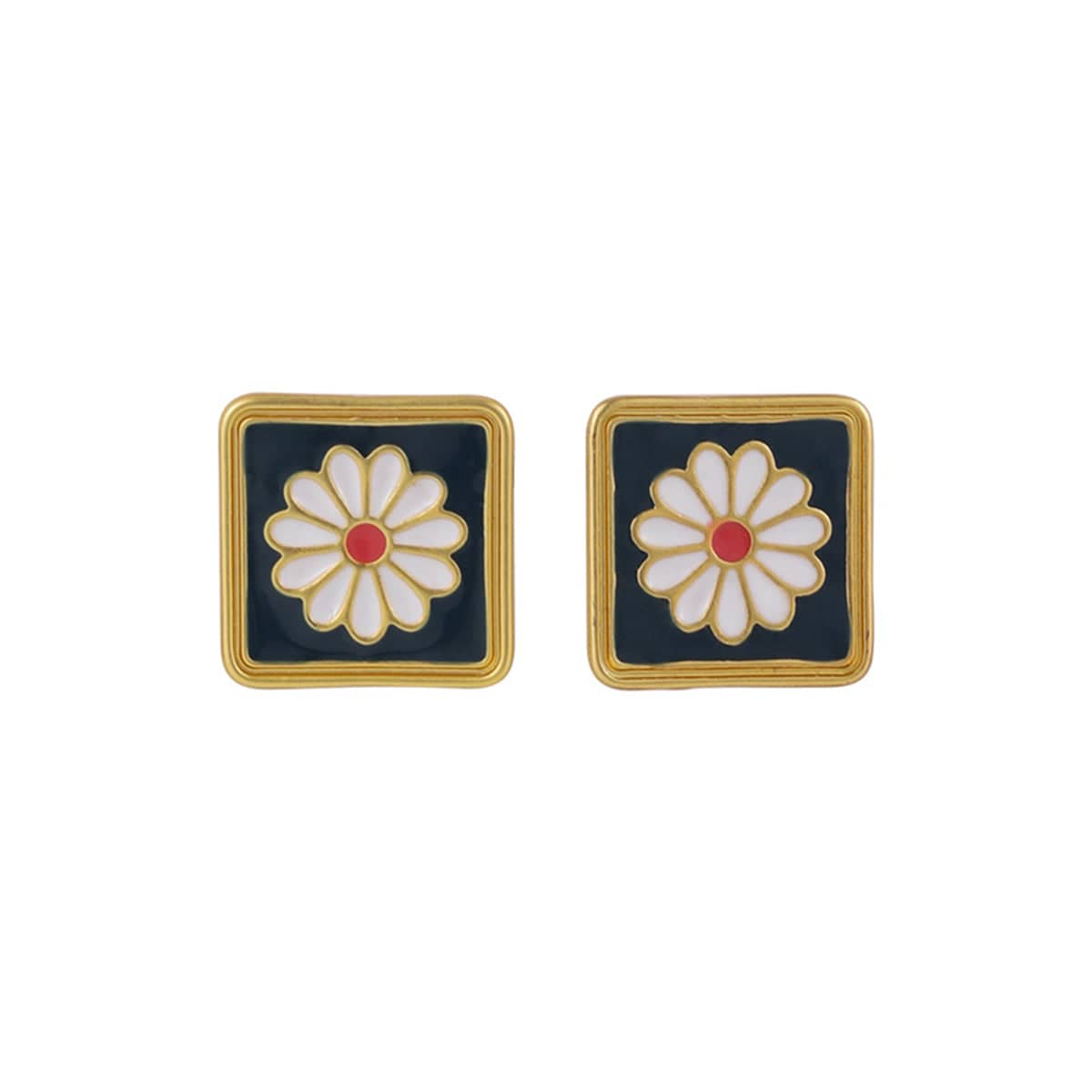 Black Enamel & Goldtone Mum Square Stud Earrings
