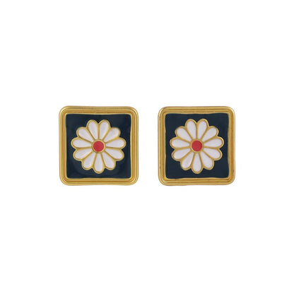 Black Enamel & Goldtone Mum Square Stud Earrings