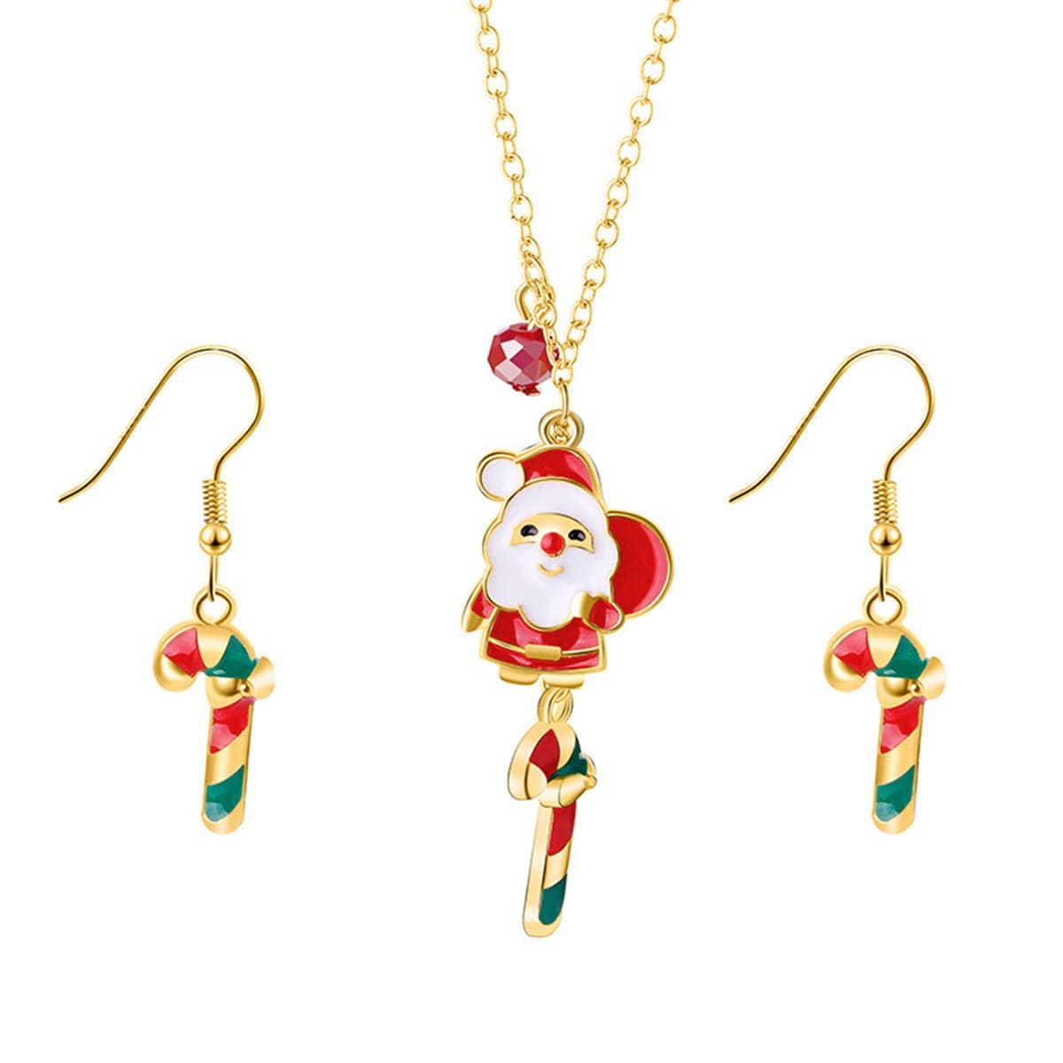 Red & Goldtone Candy Cane & Santa Claus Drop Earrings & Pendant Necklace Set