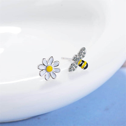 Cubic Zirconia & White Flower Stud Earring & Bee Stud Earring