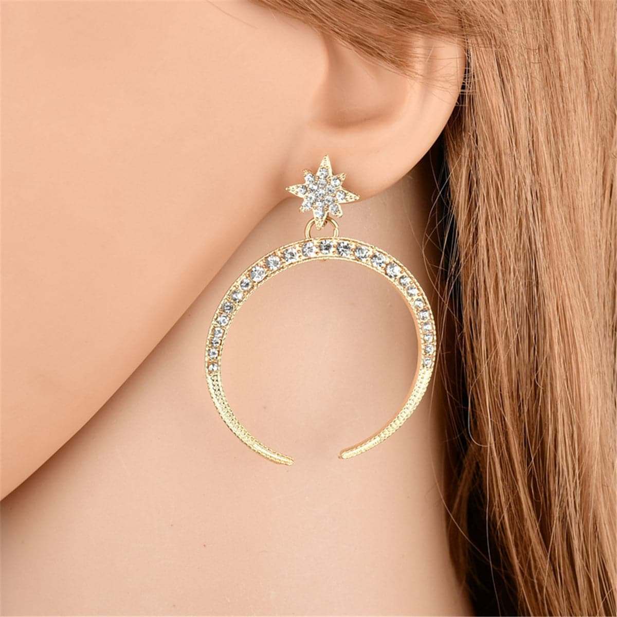 Cubic Zirconia & Goldtone Crescent Moon Star Drop Earrings