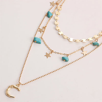 Turquoise & Goldtone Star Moon Layered Pendant Necklace