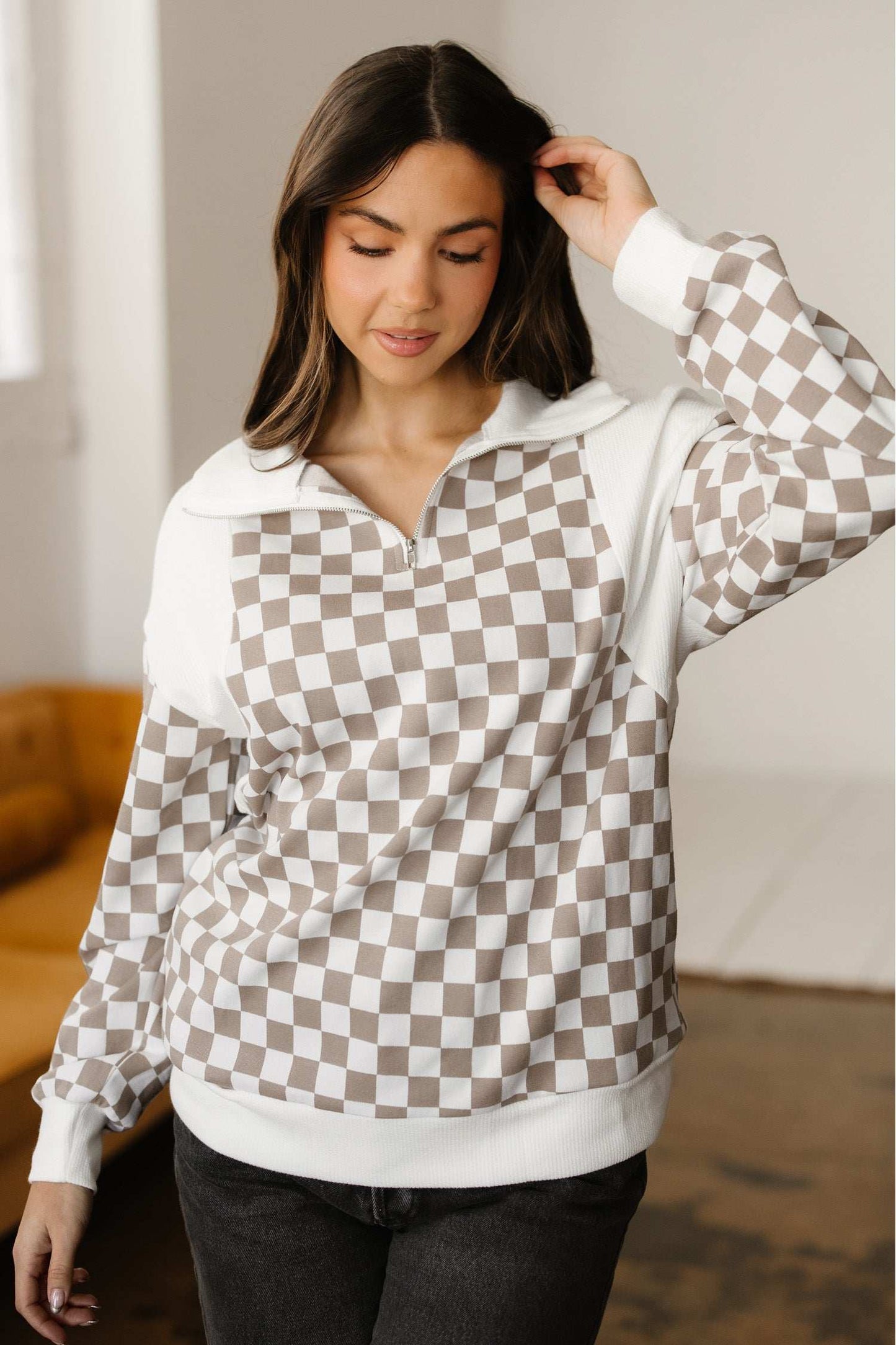Rosalia Ribbed Patchwork Loose Sweatshirt - Khaki / L - 12/14