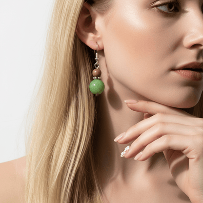 Green Wood & Jade Silvertone ‌Gourd-Shape Hook Earrings