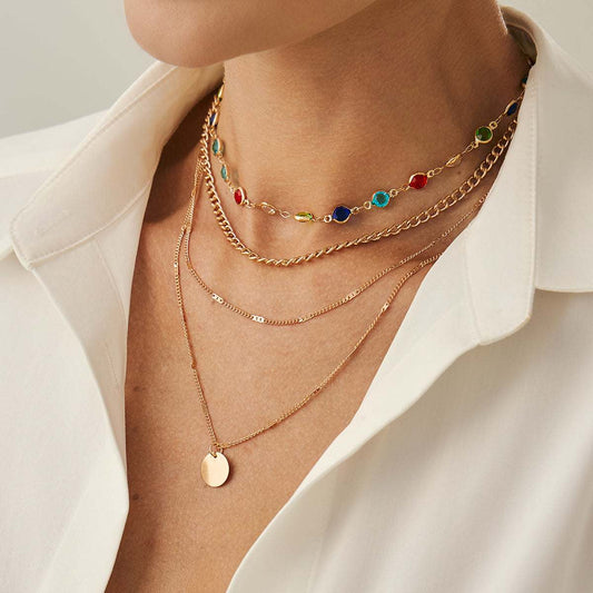 Multi-Colored Crystal & Goldtone Circular Pendant Layered Necklace Set