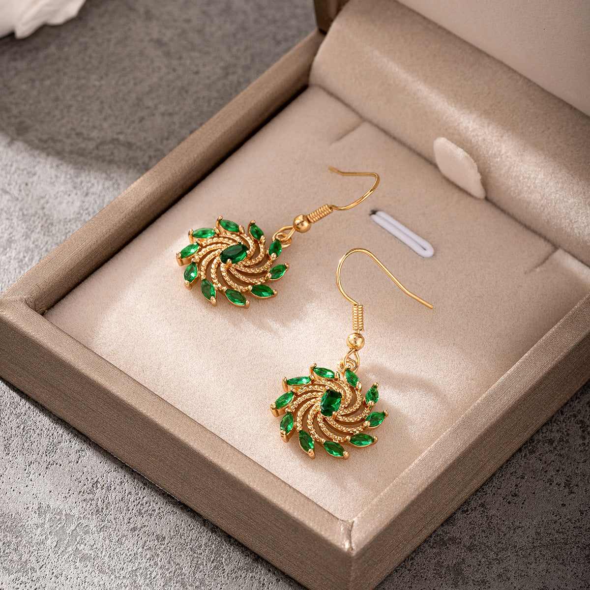 Green Crystal & Goldtone Vortex Hook Earrings