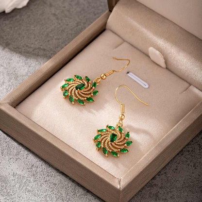 Green Crystal & Goldtone Vortex Hook Earrings