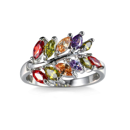 Marquise Crystal & Silvertone Leaf Ring-1