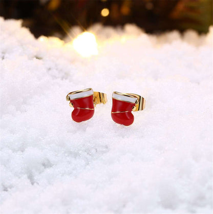 Red Enamel & Goldtone Christmas Boot Stud Earrings