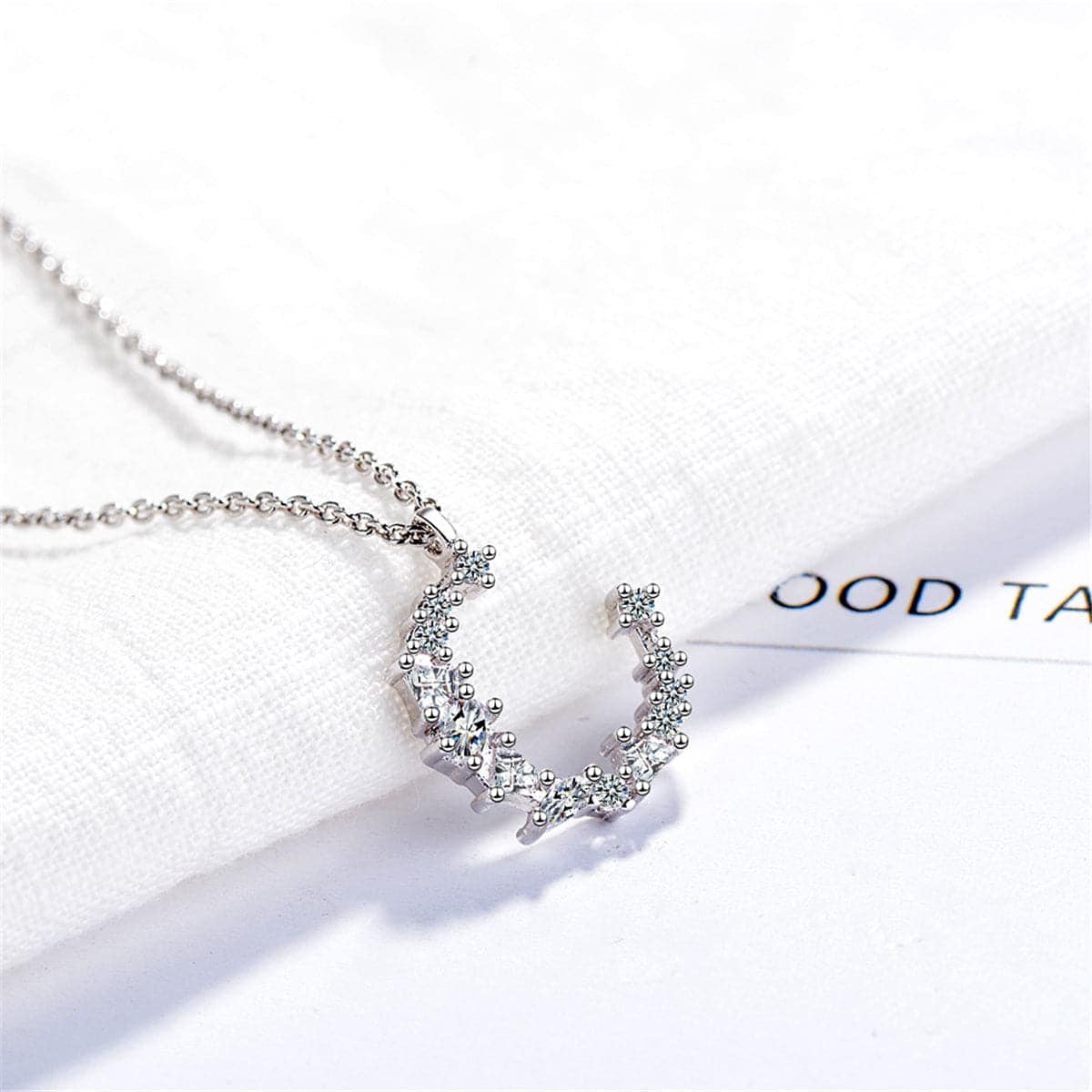 Cubic Zirconia & Silvertone Crescent Pendant Necklace