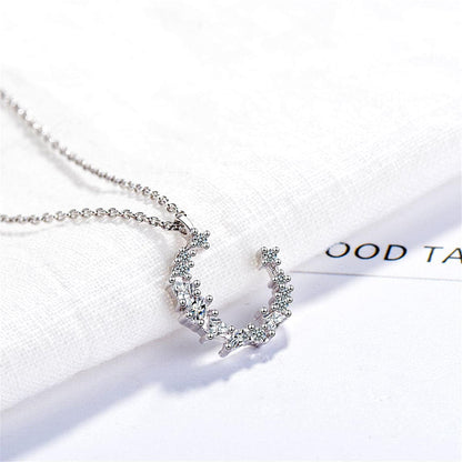Cubic Zirconia & Silvertone Crescent Pendant Necklace