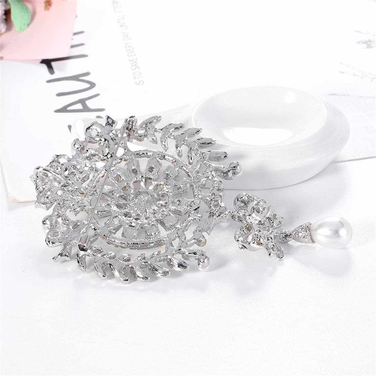 Clear Cubic Zirconia & Silvertone Botany Bow Brooch