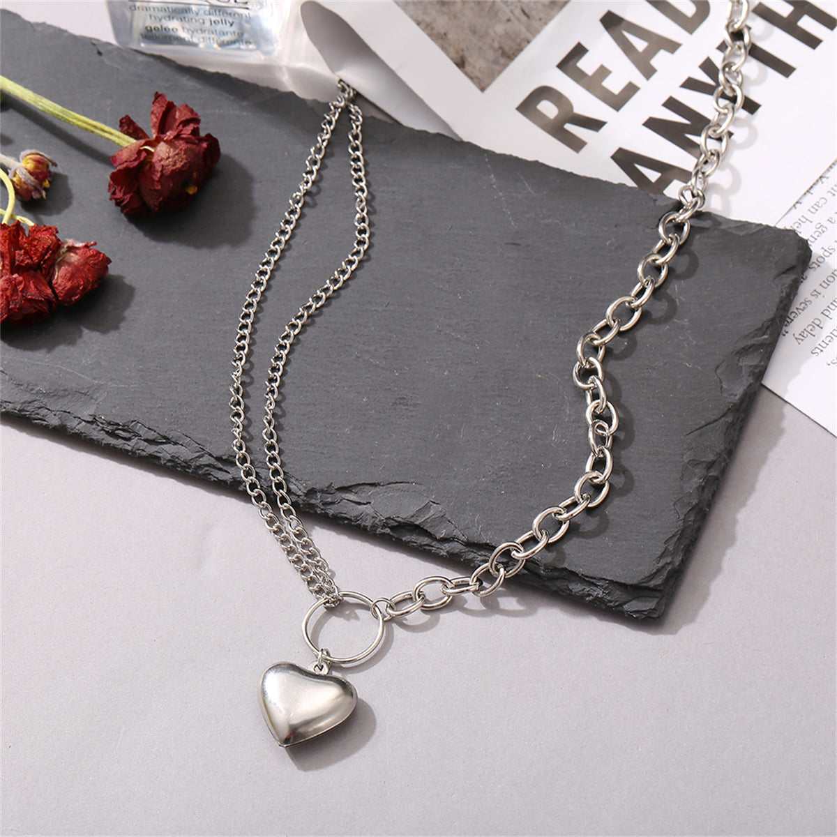 Silvertone Heart Layered Pendant Necklace