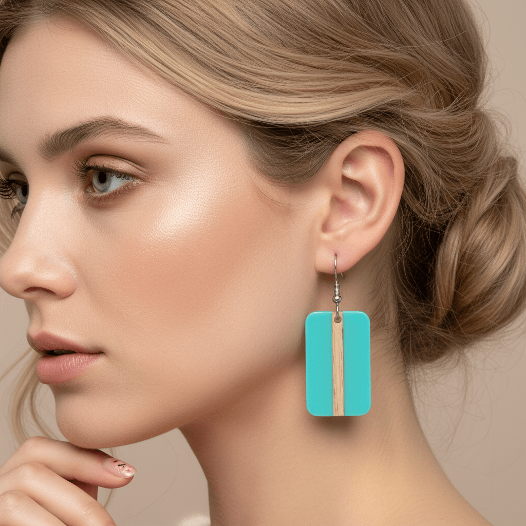 Light Blue Resin & Wood Silvertone Rectangle Hook Earrings