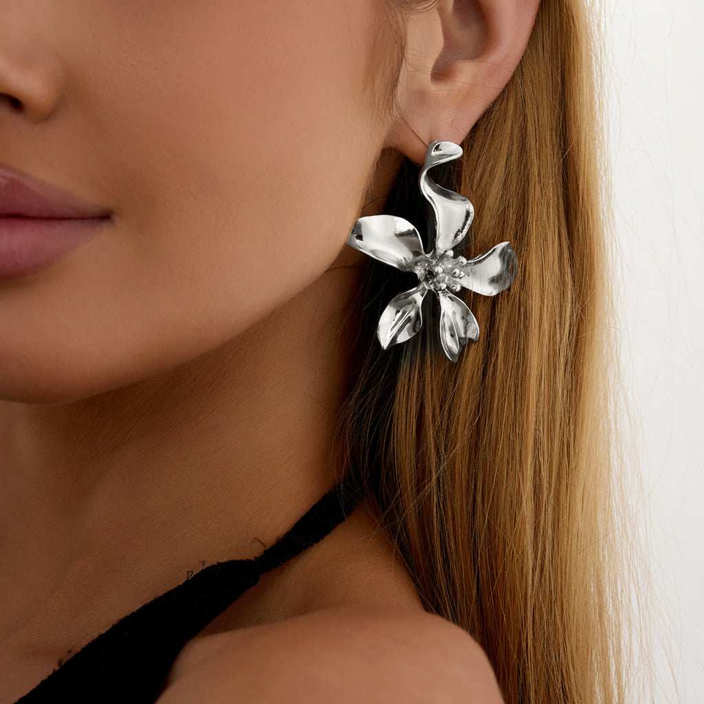 Silvertone Flower Statement Stud Earrings
