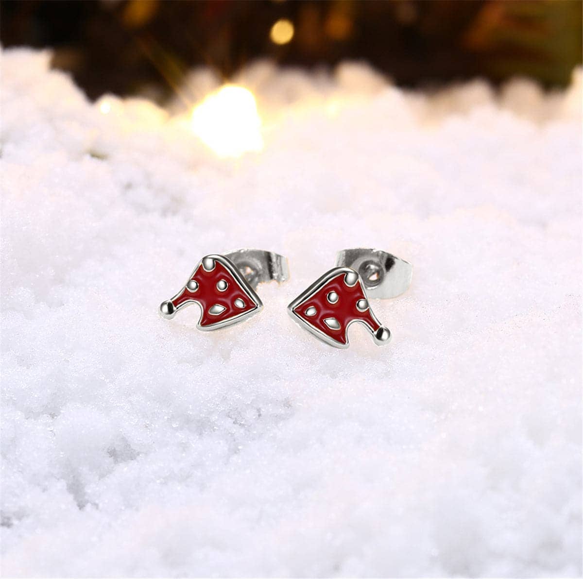 Red Enamel & Silvertone Christmas Hat Stud Earrings