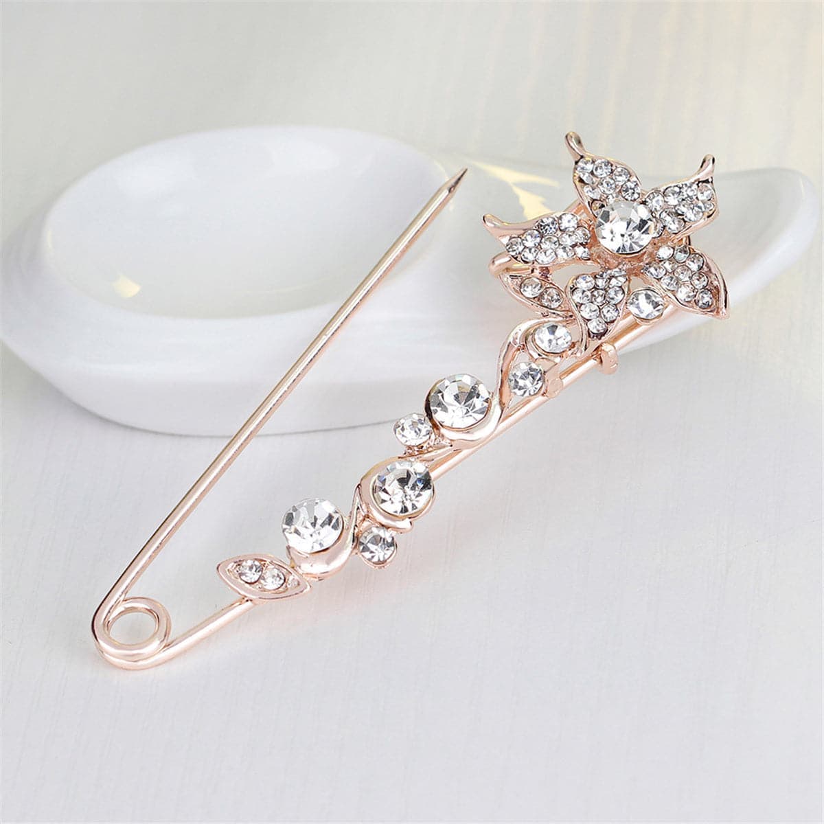 Cubic Zirconia & Goldtone Flower Pin Brooch