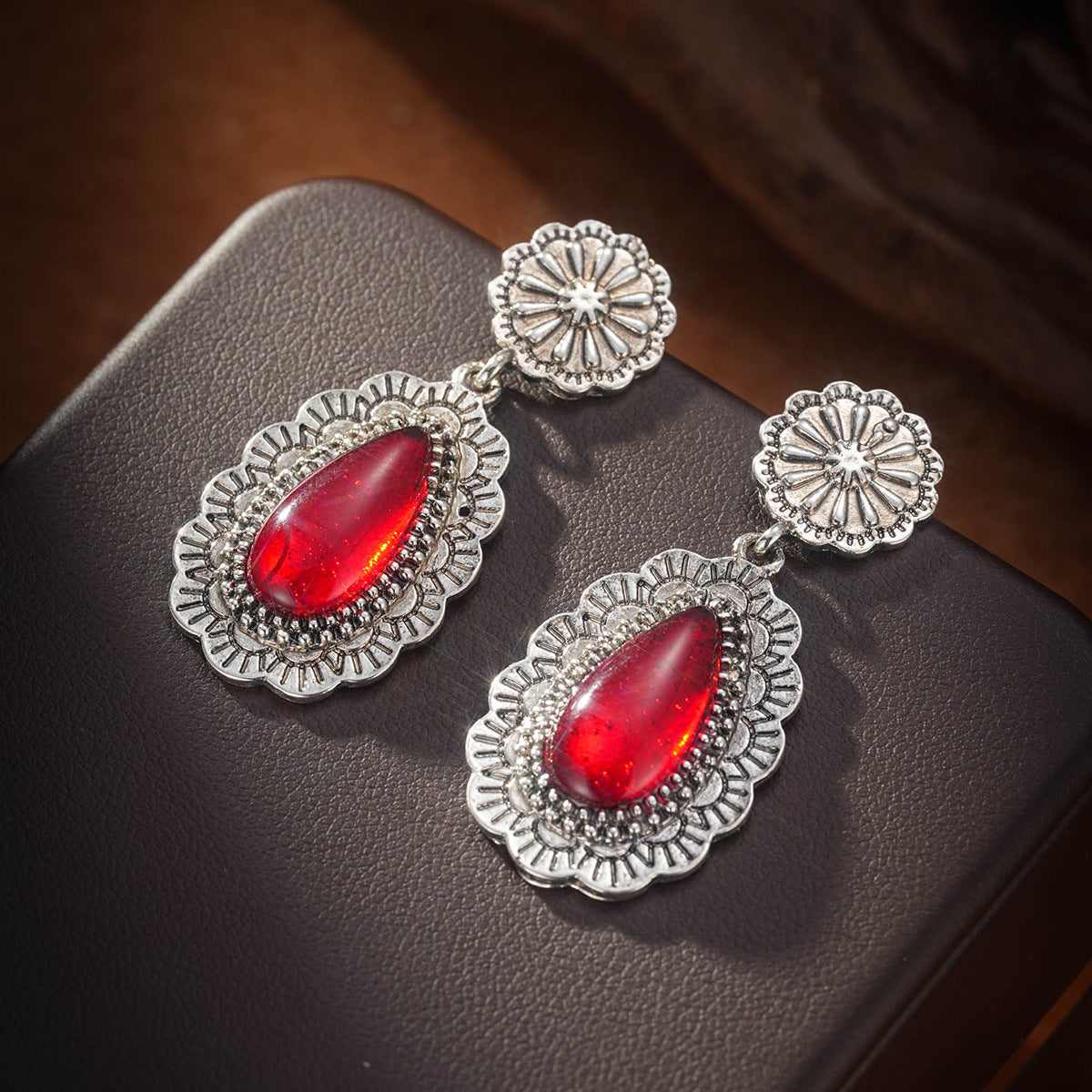 Red Resin & Silvertone Flower Drop Earrings