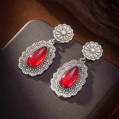 Red Resin & Silvertone Flower Drop Earrings