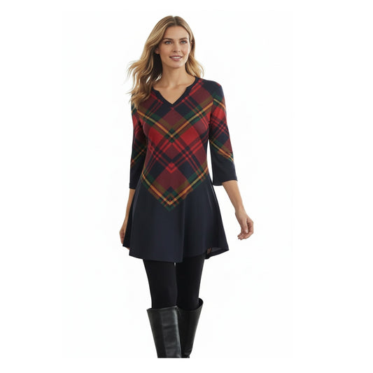 Lily by Firmiana Women's 3/4 Sleeve Notch Neck Tunic Red & Navy Diagonal Plaid Holiday Tunic