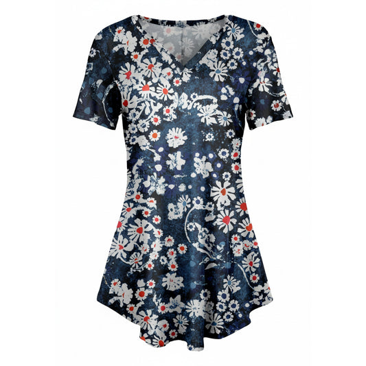 Lily by Firmiana Women's Short Sleeve Notch Neck Tunic Navy Blue and White Daisy