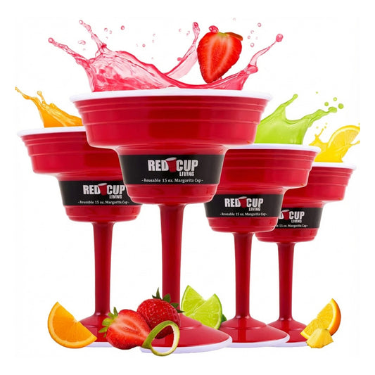 Reusable Red Plastic Margarita Glasses with Stem, 15oz, Drinking Glasses for Parties, Durable Champagne Flutes, Sturdy Stem Glass for Wine, Martini, Elegantes Copas De Vino, Pack of 4